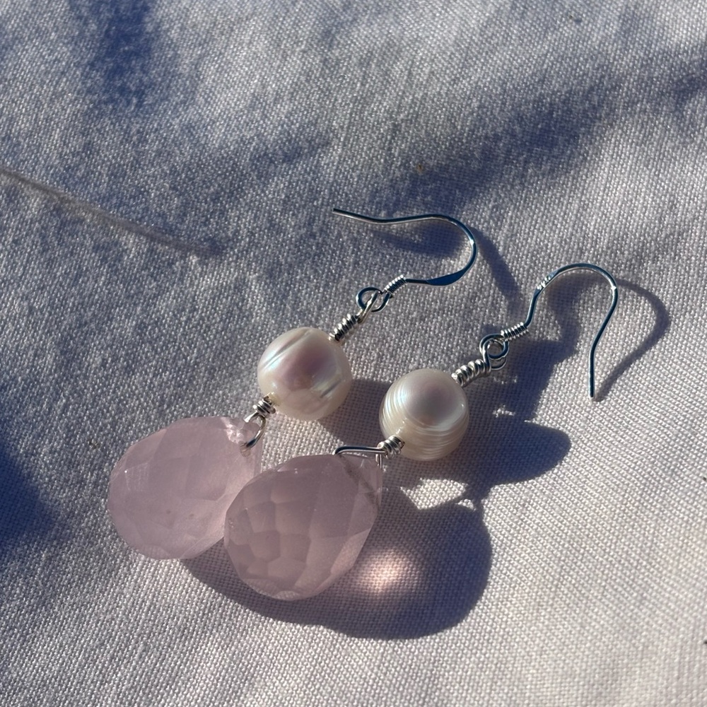 Handmade Vintage Faceted Rose Quartz and Freshwater Pearl Dangle Earrings